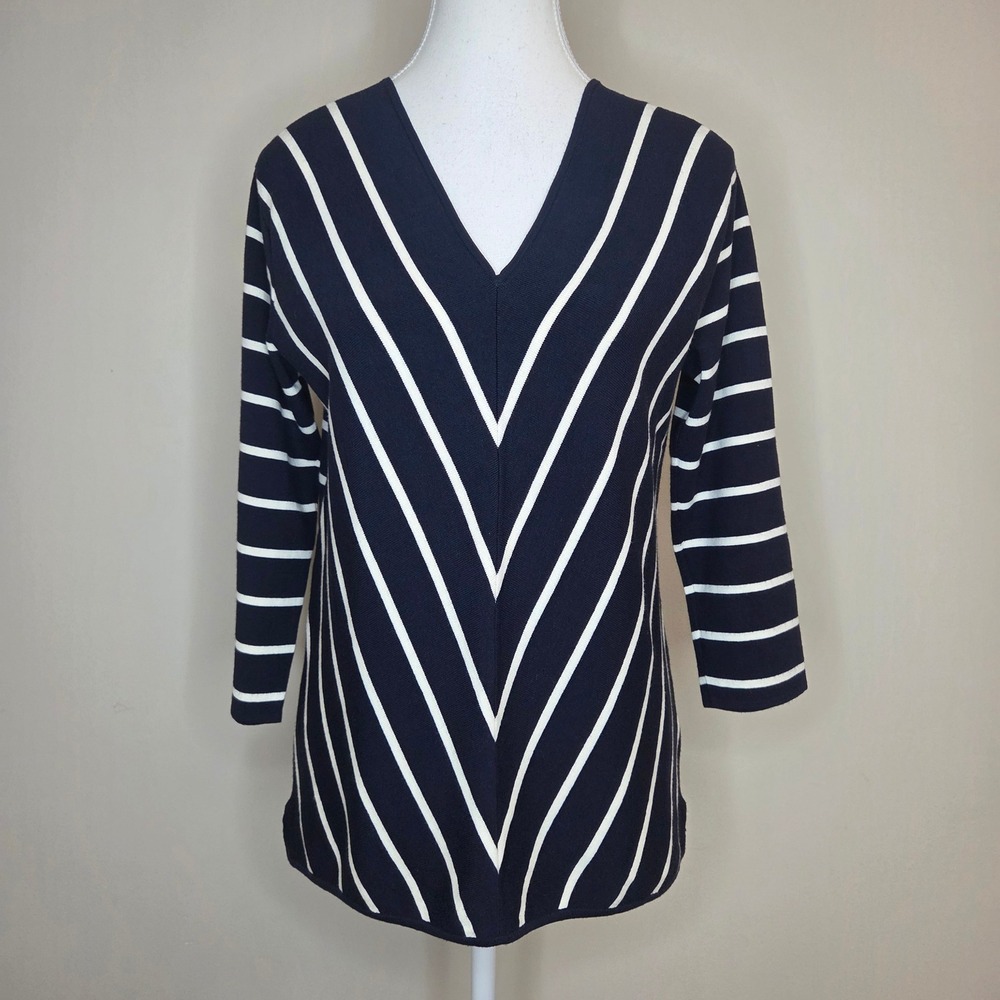 Talbots Womens Navy Blue‎ White Striped Chevron V-Neck 3/4 Sleeve Knit Top Small